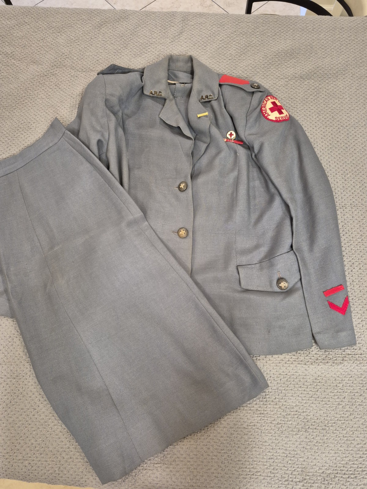 VINTAGE WWII AMERICAN RED CROSS UNIFORM JACKET SKIRT & ADORNMAENTS, HAND MADE