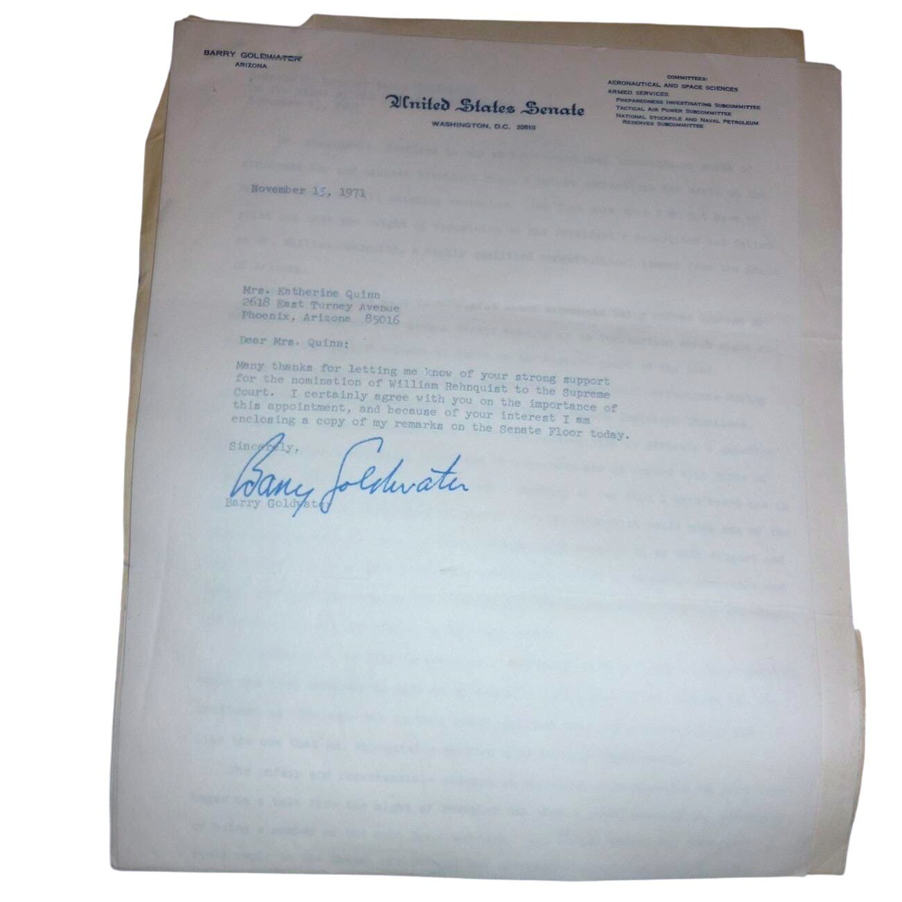 Barry Goldwater Signed Letter 1971 US Senate - Rehnquist SCOTUS Nomination Set
