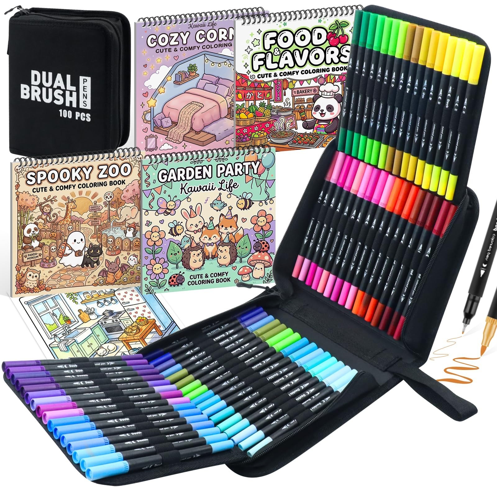 100-Color Dual Tip Markers in Case + 4 Spiral Bound Adult Coloring Books
