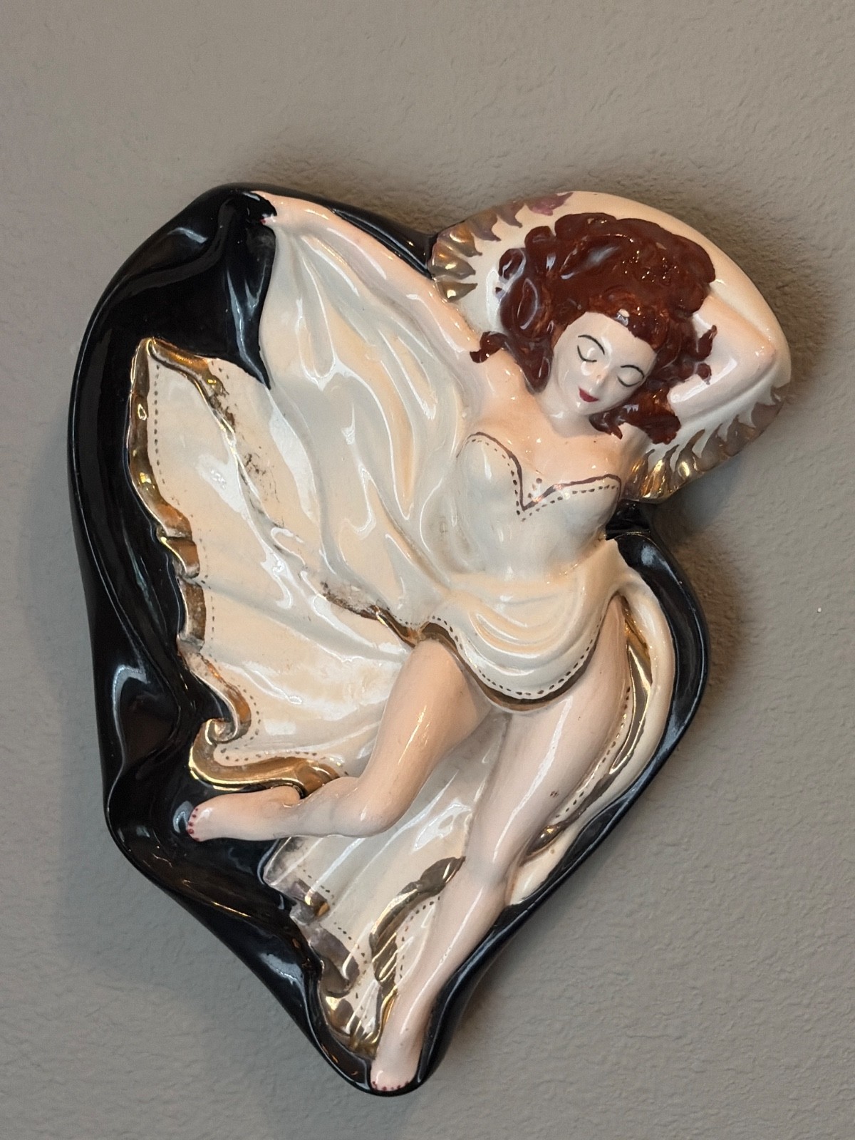 Vintage 1950s Pinup Girl Ceramic Ashtray Dish Holland Mold Risqué Gold Trim MCM