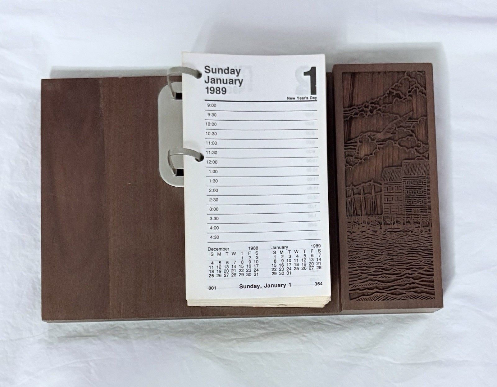 Vintage Laser Engraved Dark Wood Desk Calendar & 1989 Calendar Refills