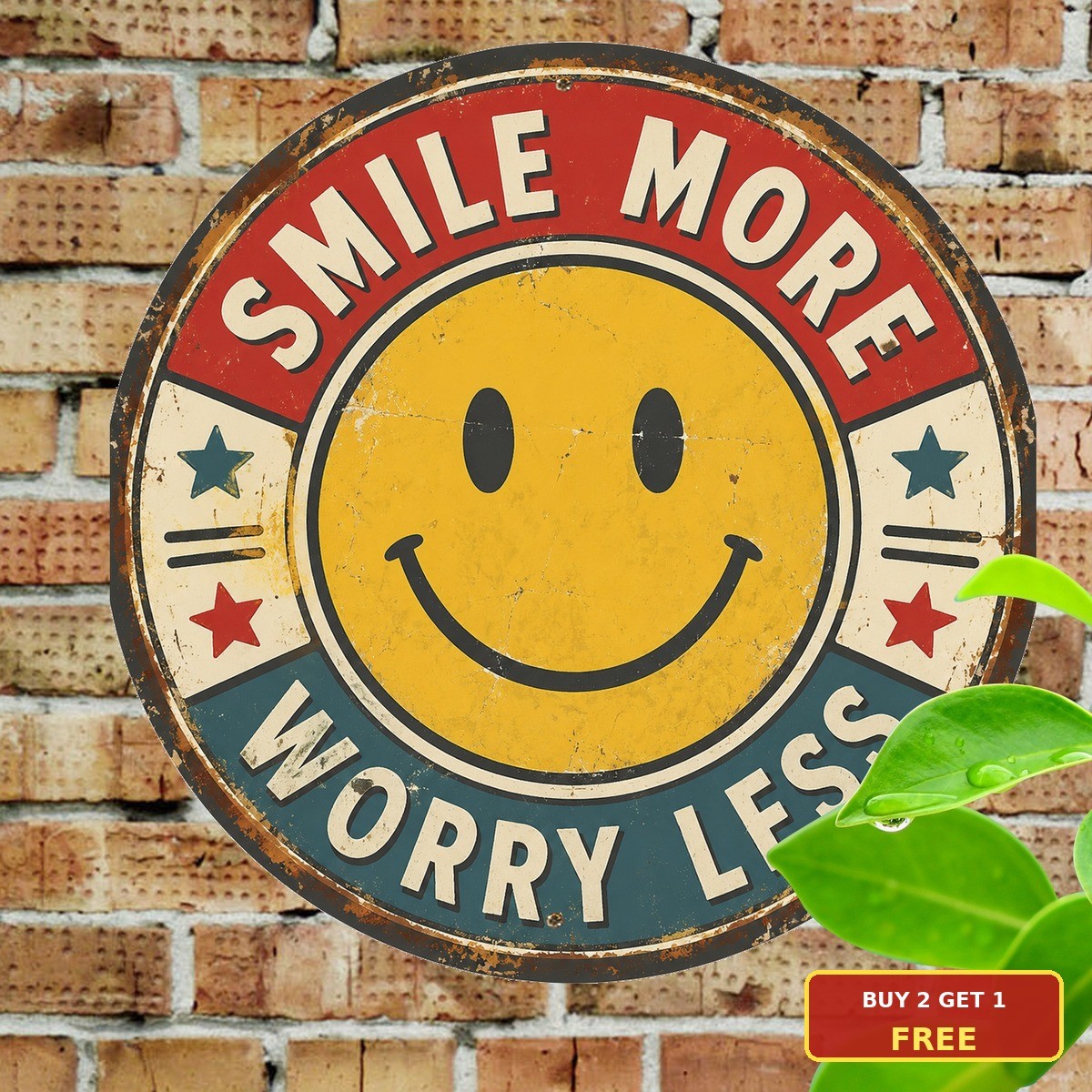 Classic Yellow Smiley Face Sign Retro Positive Vibes Round Metal Wall Plaque 8x8