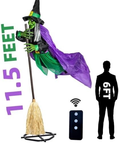 12FT Halloween Hovering Witch on Broom Animated Sound Touch Sensor Yard Decor