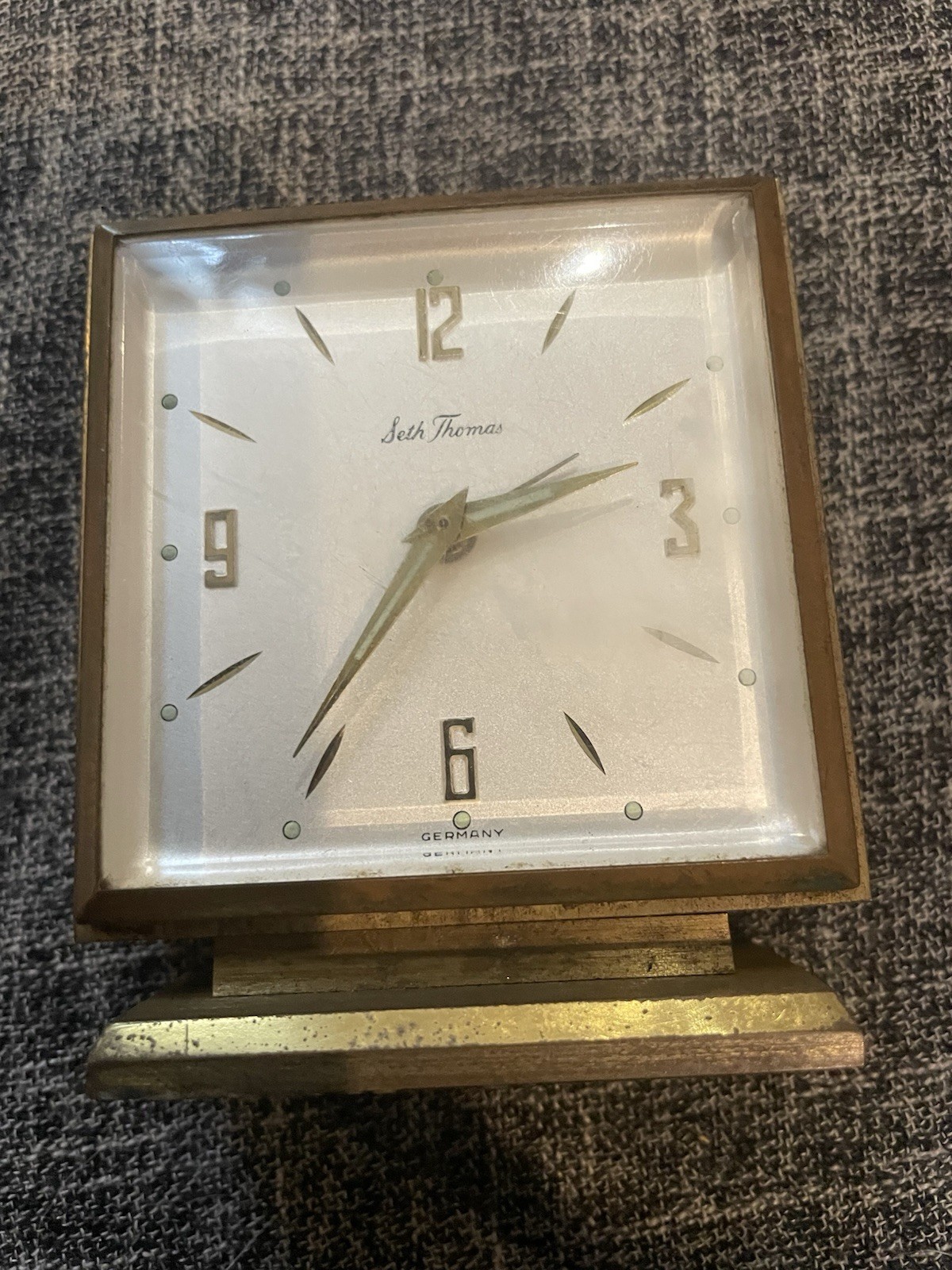 Vintage Seth Thomas Brass Desk Clock Germany Mid-Century Modern Style - Working