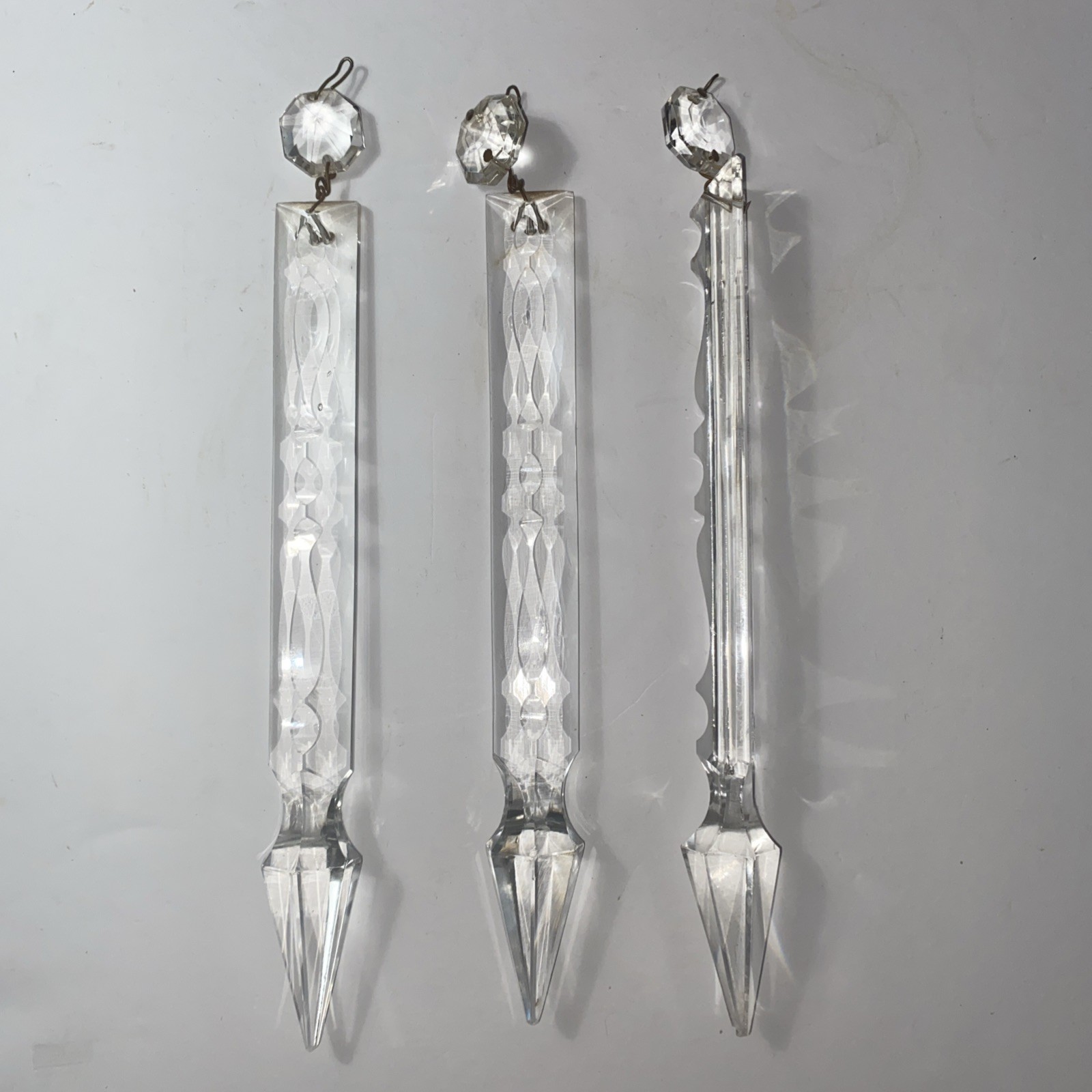 3 XL 8” Antique Glass Prism Cut Crystal Flat Backed Chandelier Replacement Spear