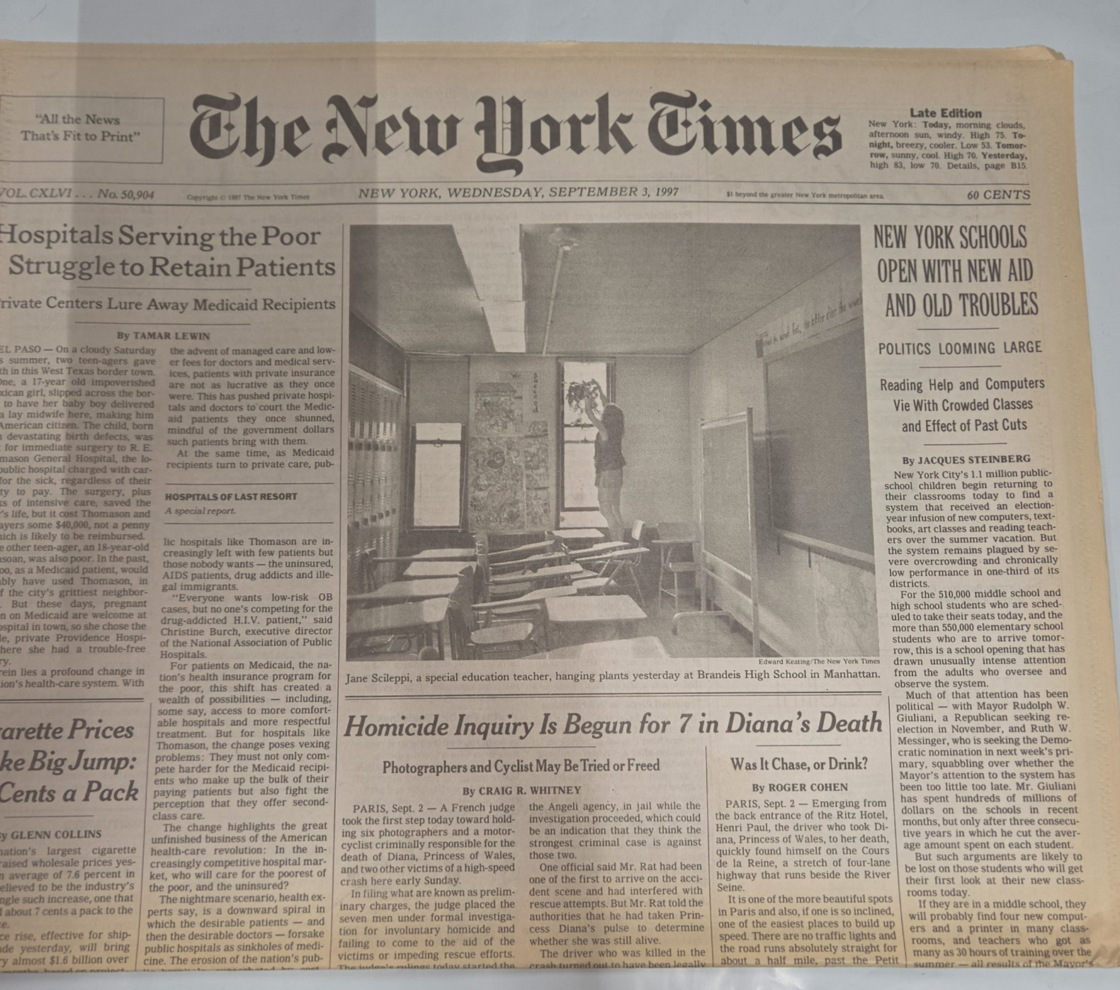 NY Times Newspaper Sept 3 1997 Princess Diana Death Inquiry Front Page