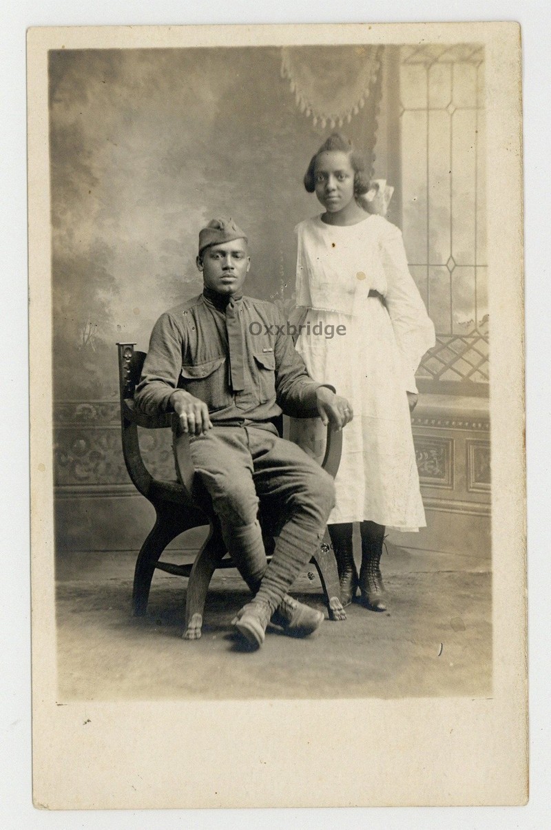 African American Soldier w/Young Bride 1918 Wedding WWI RPPC Black Photo J15209