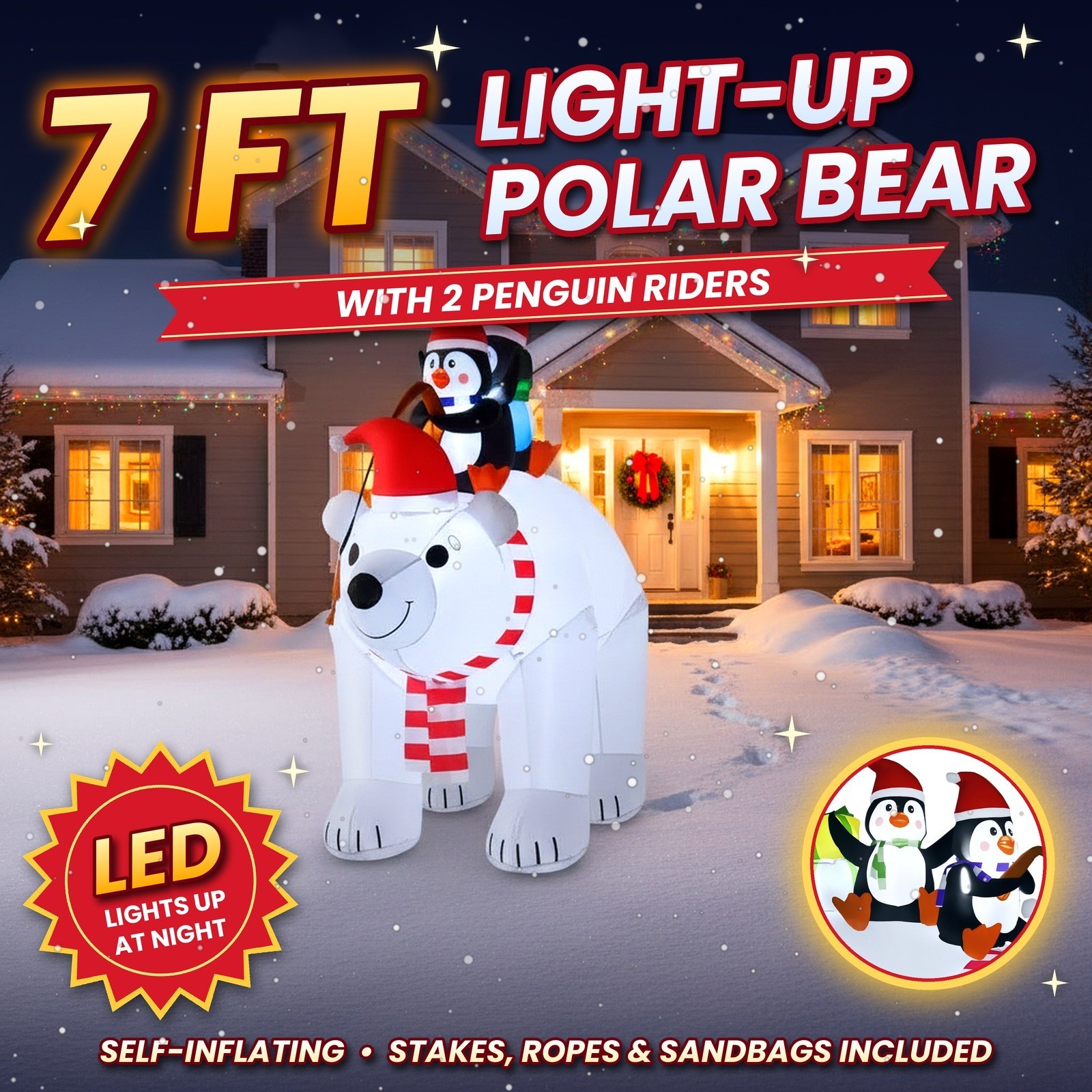 7FT Inflatable Christmas Polar Bear Penguin Family LED Light Up Yard Decoration