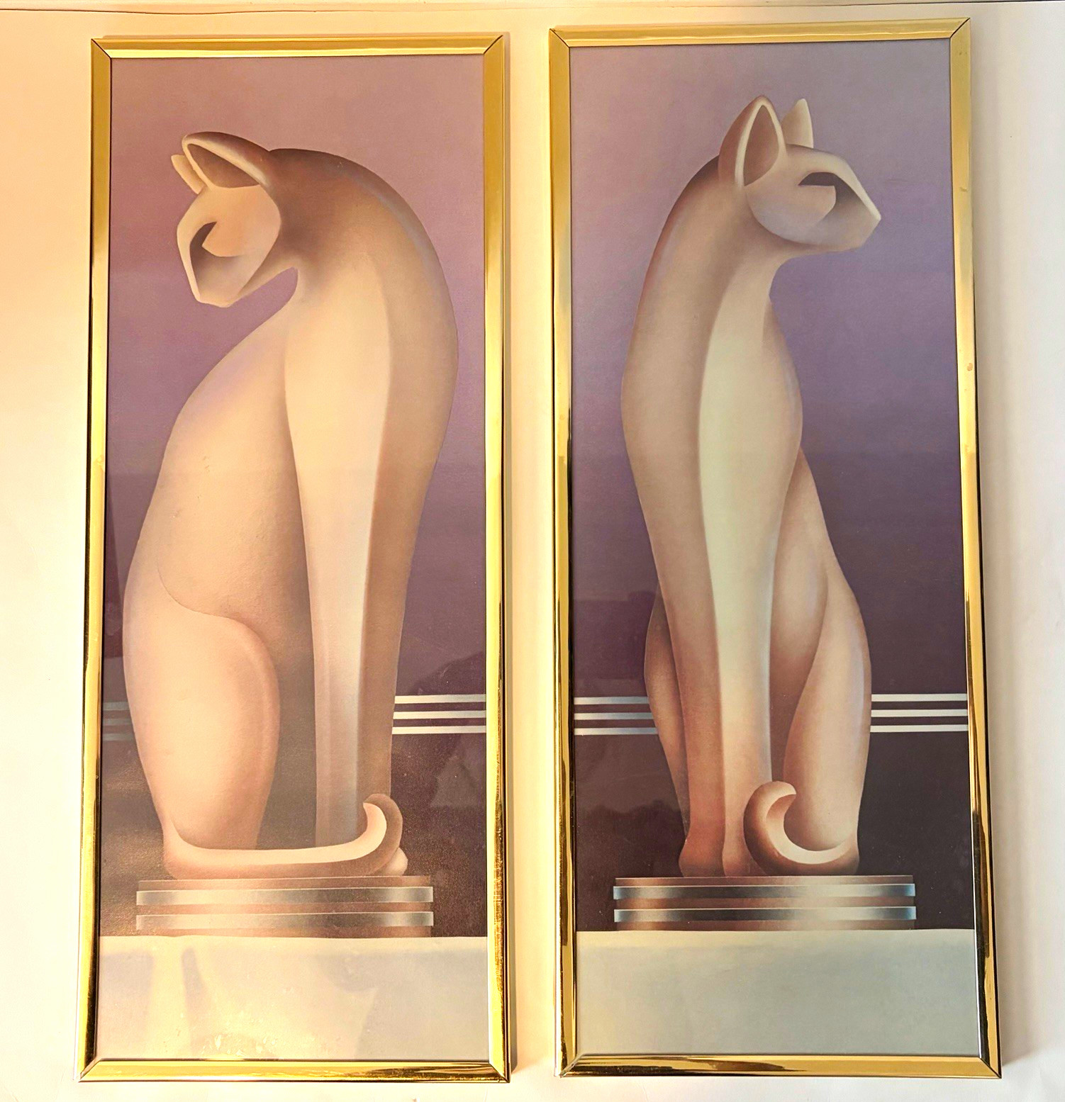 VTG Gold Framed Art Deco Style 80’s Cat Wall Art Modernist Cubist Sculpture 