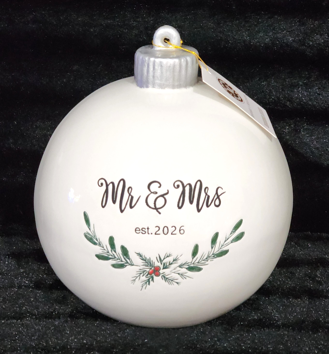Mr. & Mrs. Est. 2026 Christmas Ornament White Silver Black Script Bridal Wedding
