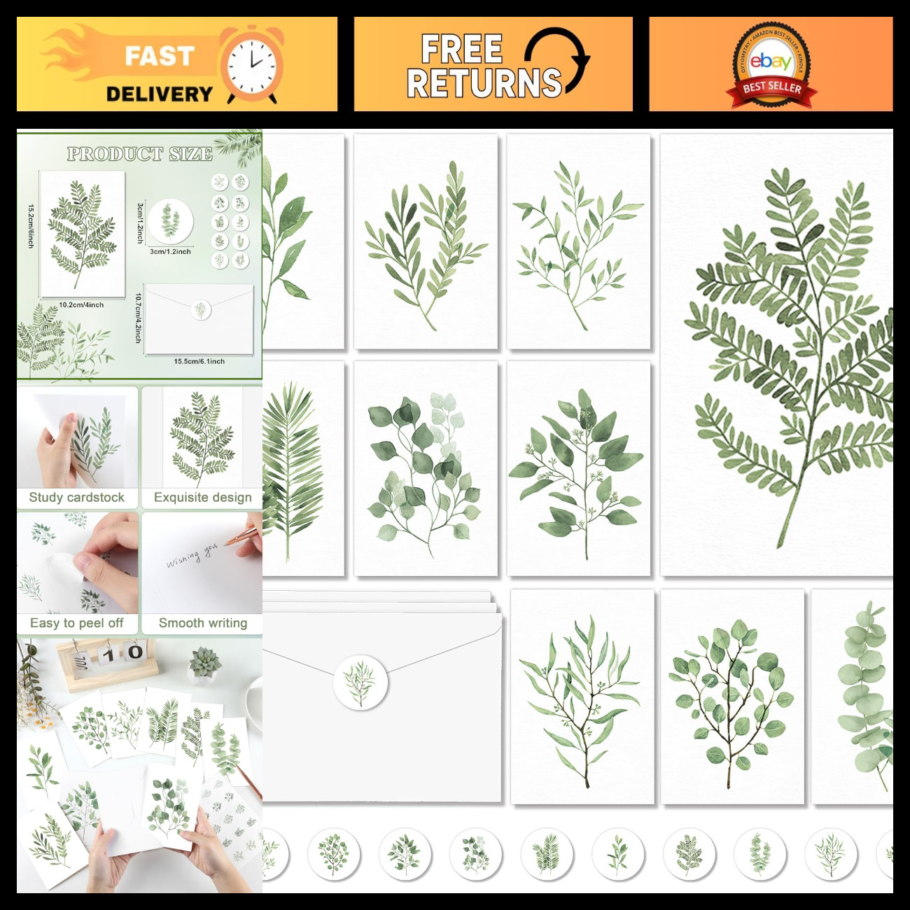 100PCS Greenery Blank Cards and Envelopes Bulk Watercolor Note Card 4x6In