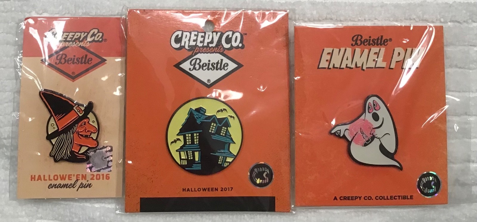 BEISTLE HALLOWEEN RARE NEW CREEPY CO ENAMEL PINS GITD HAUNTED HOUSE CANDLE GHOST