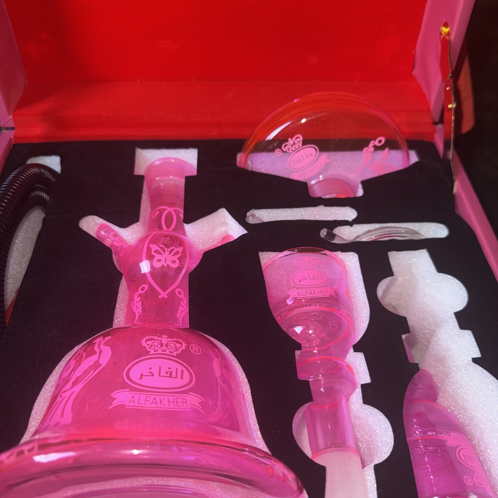 Pink Crystal Glass Al Fakher ALL GLASS HOOKAH W/  LEATHER Locking CASE NEW
