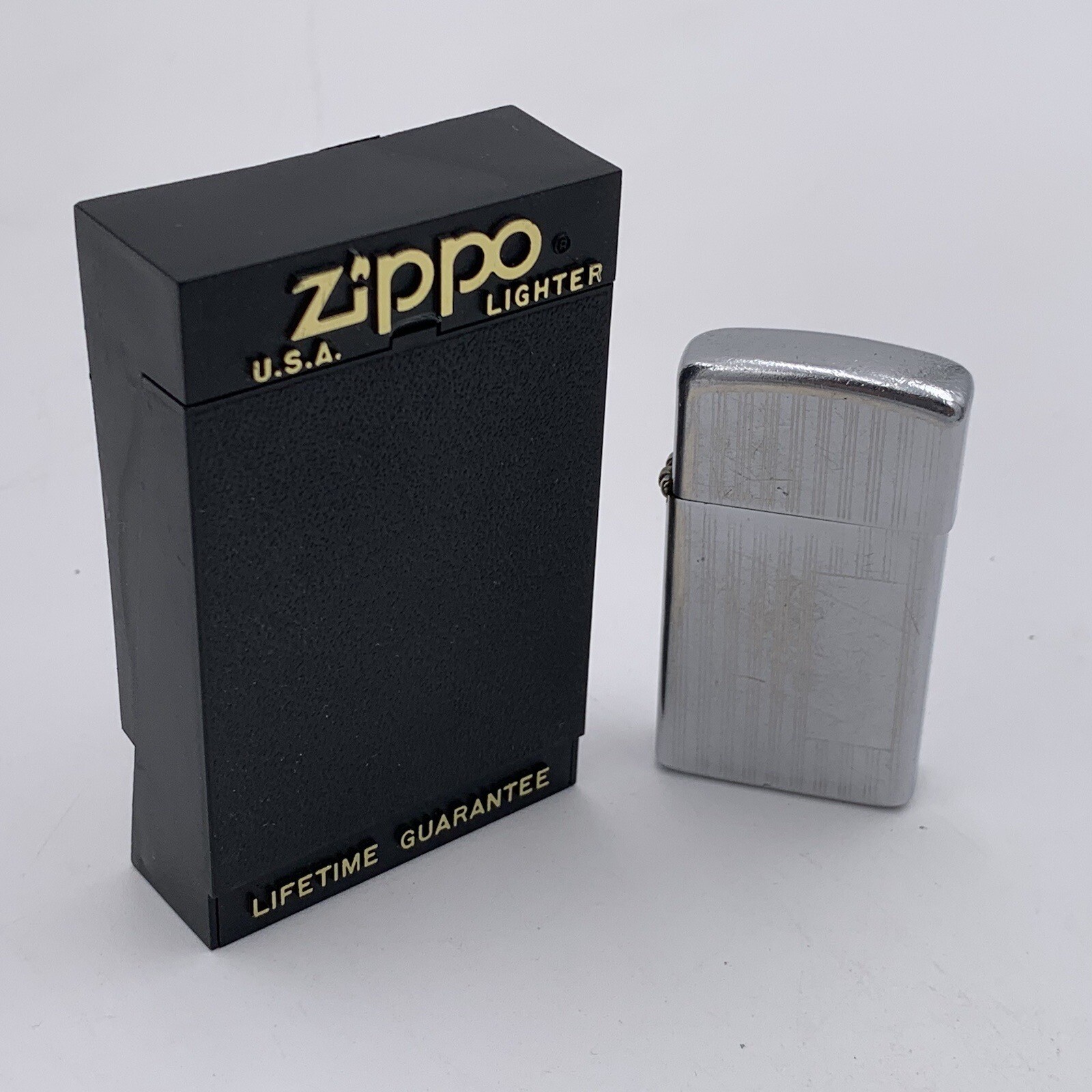 VTG Zippo Slim Lighter No Monogram Blank Pin Stripe Used Mad Men MCM Executive