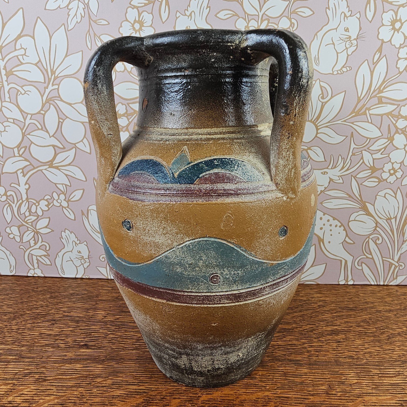 Four Handle Art Pottery Vase, Earth Tone Glaze, 9.5 Inches