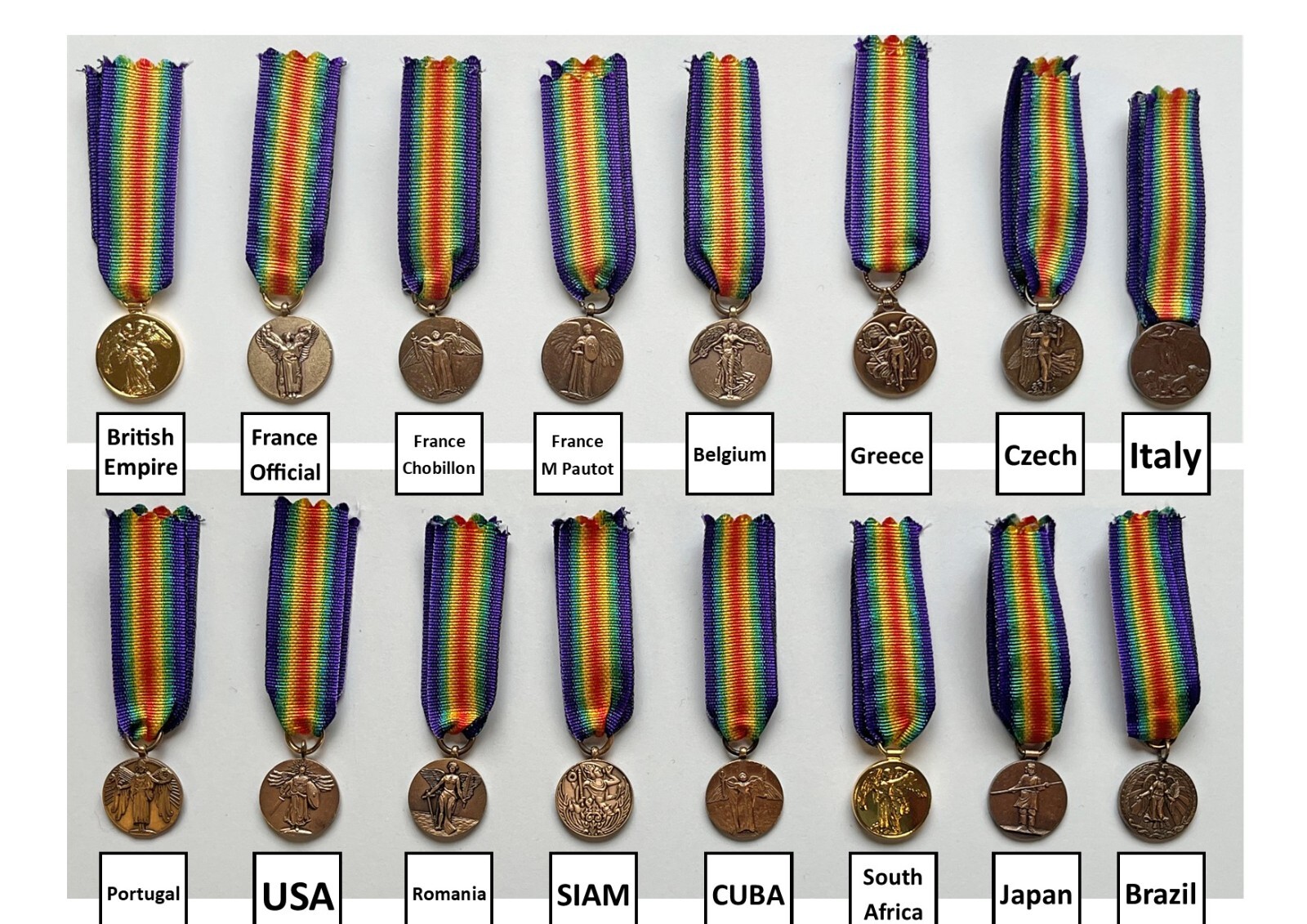REPRODUCTION WW1 16 Inter-Allied Country USA Victory Medals MINIATURE [VICx16]