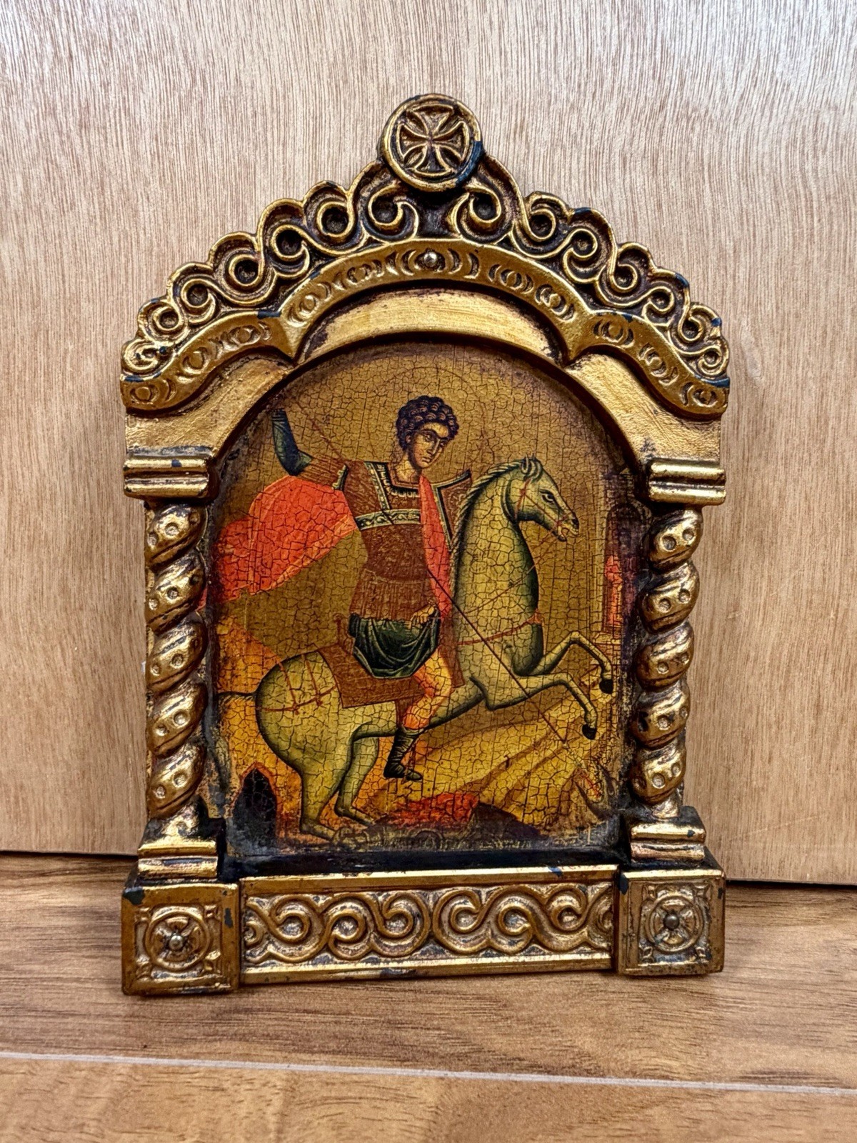 VTG St. George Slaying Dragon Wall Plaque Byzantine Folk Art Religious Gothic