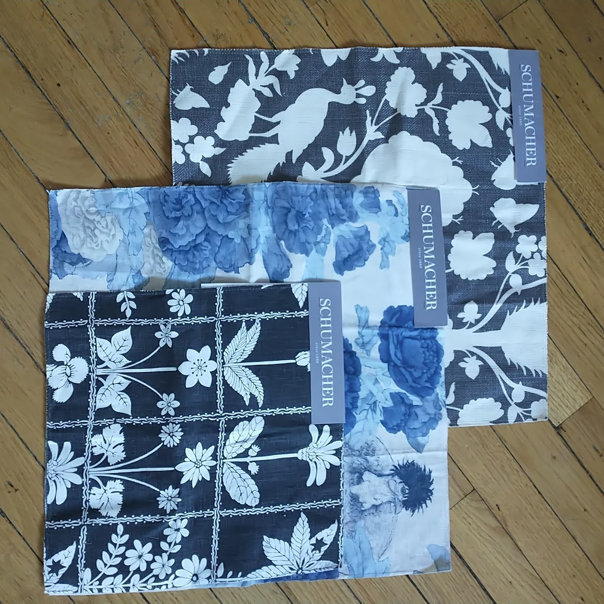 New SCHUMACHER Fabric Samples 100% Linen Floral Bird Square Lot Of 3 
