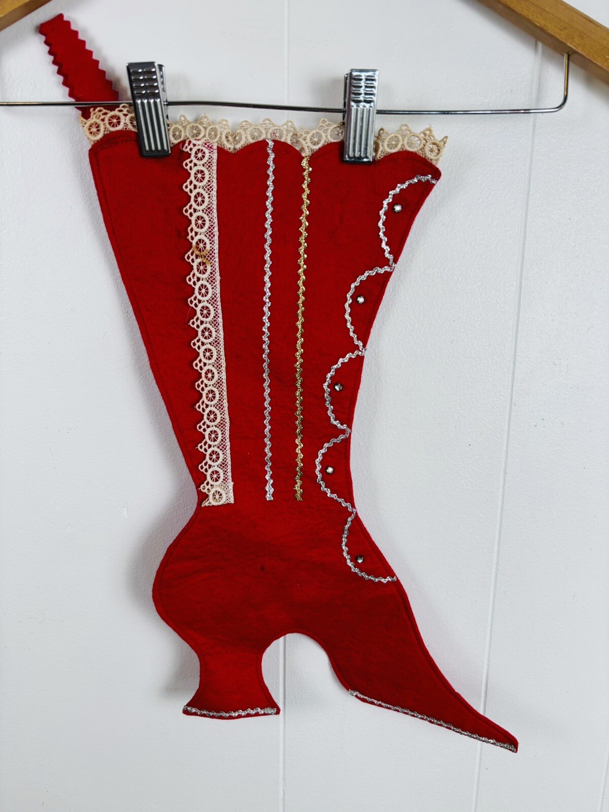 VTG Wool Felt Victorian Style Boot Christmas Stocking Red Lace Sewn Bejeweled