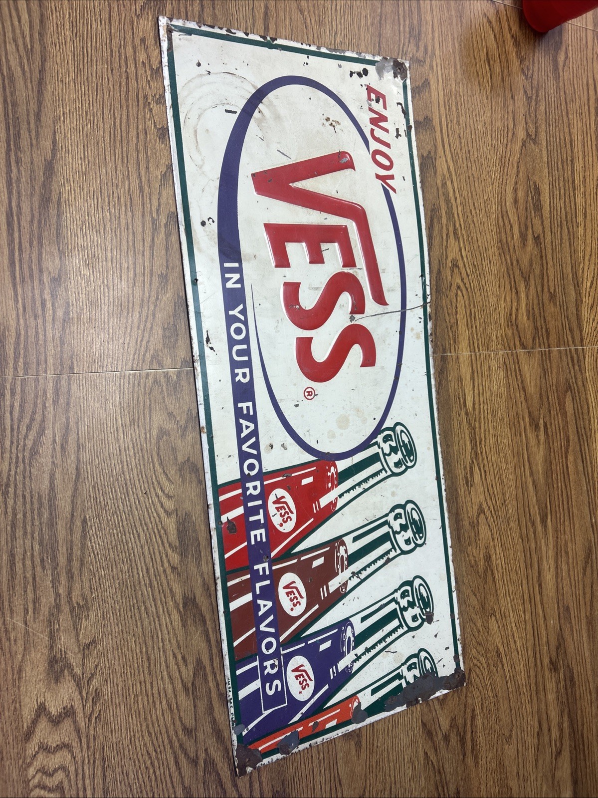 Vintage 1950’s VESS Sign 12”x30” Original Metal Embossed Sign 4 Bottle Wow