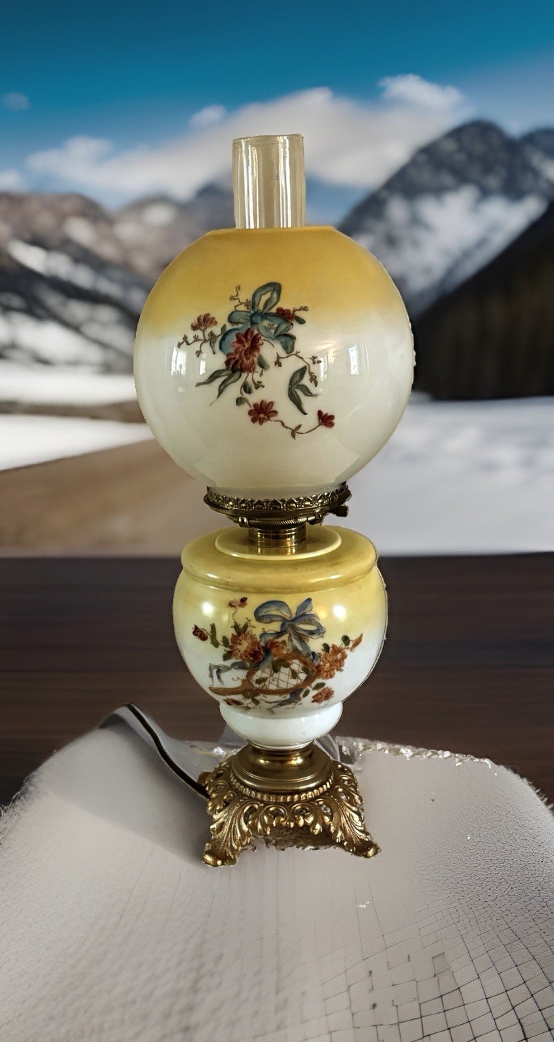 Fostoria / P. L. B. & G. Co. GWTW Oil Lamp With Yellow And Red Floral 21”