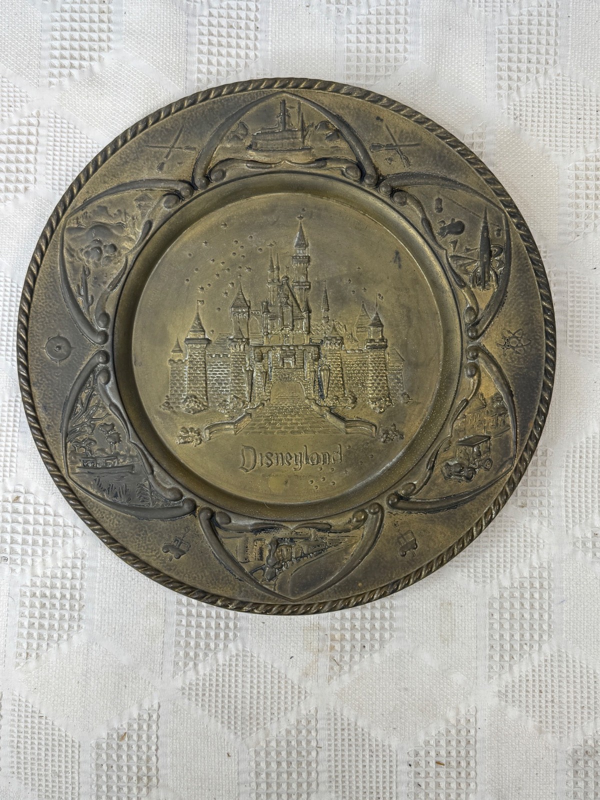 Vintage Disneyland Brass Souvenir Plate Featuring Sleeping Beauty Castle 1950s