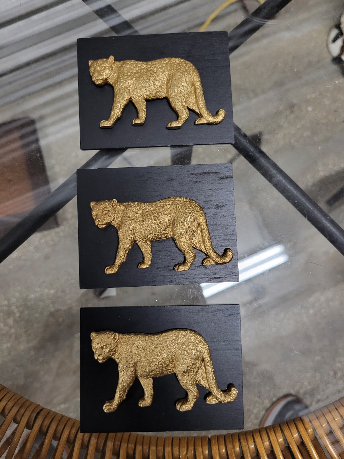 3 VTG Carved Wood Mountain Lion On Wood Backing 4” X 3”