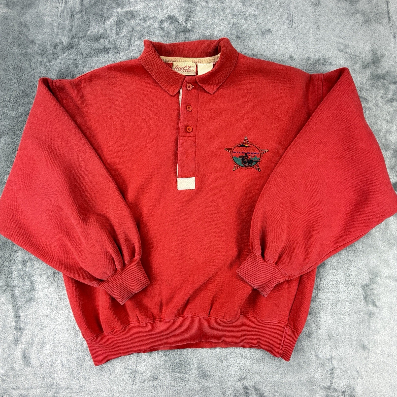 Vintage 1985 Coca-Cola Clothes Wild West Polo Sweatshirt Red L XL