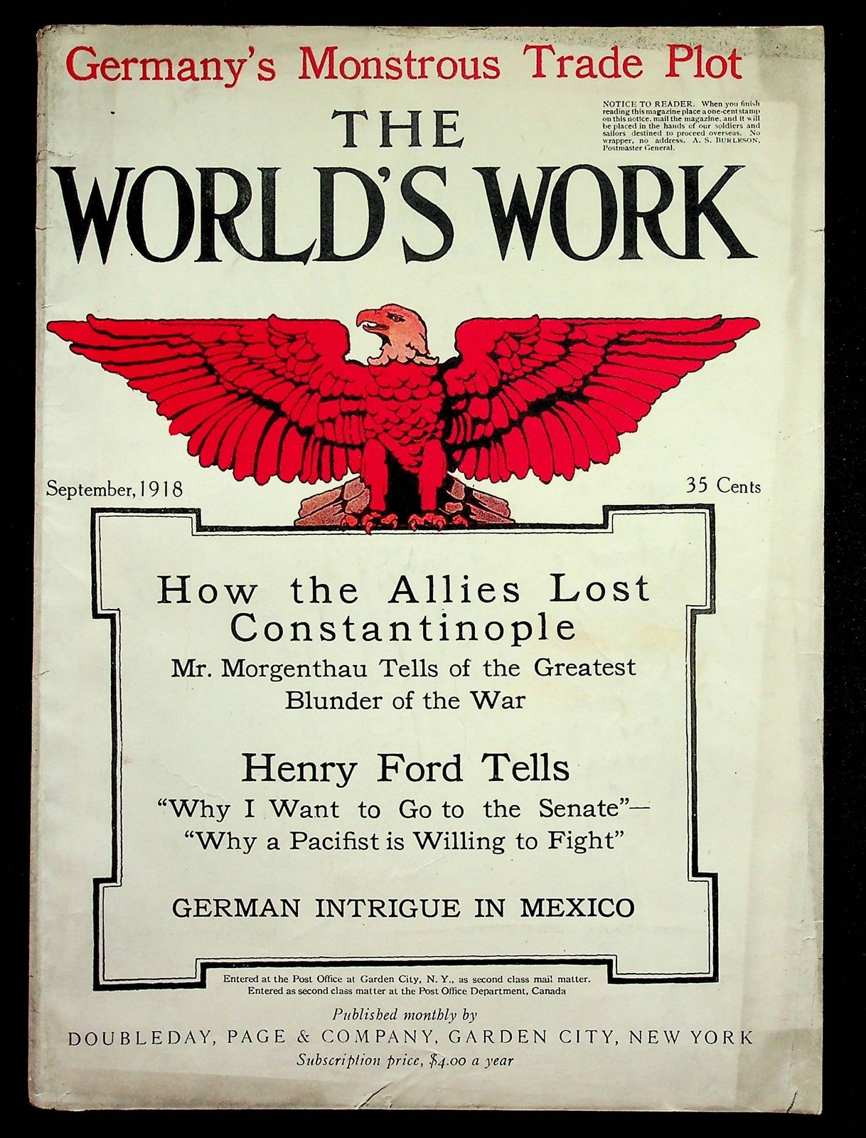 WWI Henry Ford Allies Lost Constantinople World\'s Work Magazine September 1918
