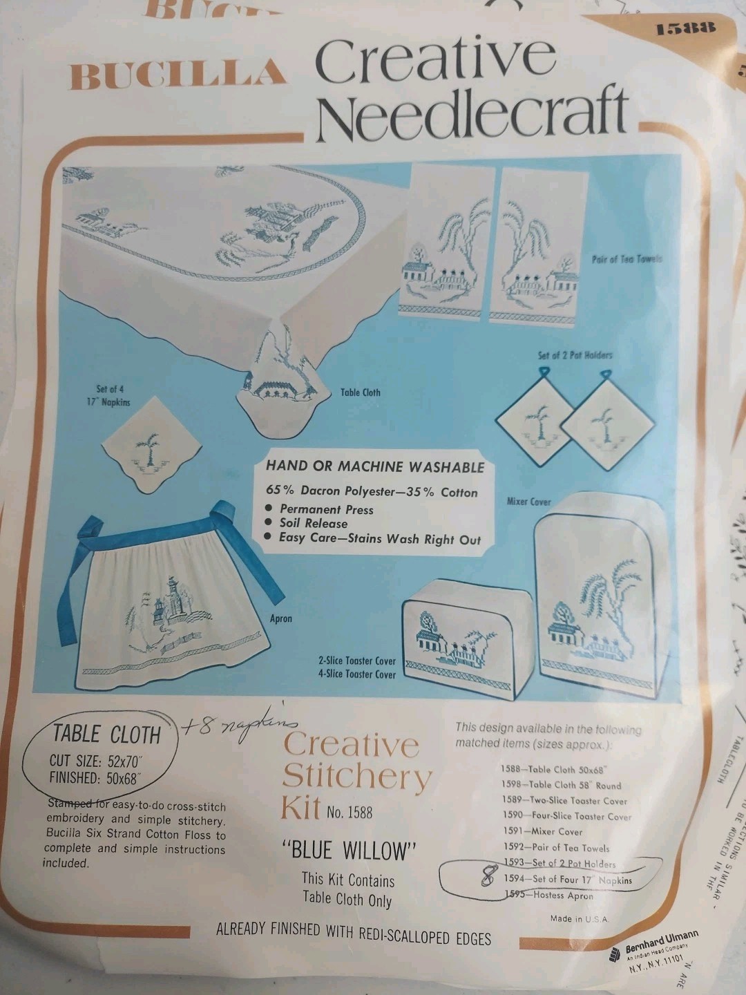 Bucilla Vtg Blue Willow Tablecloth & 8 Napkins Stamp 50x68 Embroider Kit & Floss