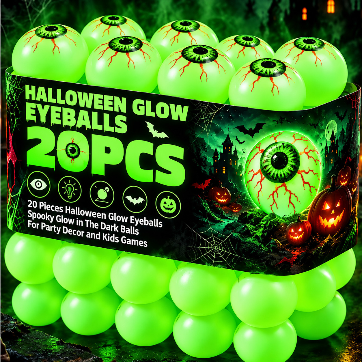 20 Pcs Glow in the Dark Halloween Eyeball Bouncy Balls Luminous Horror Party