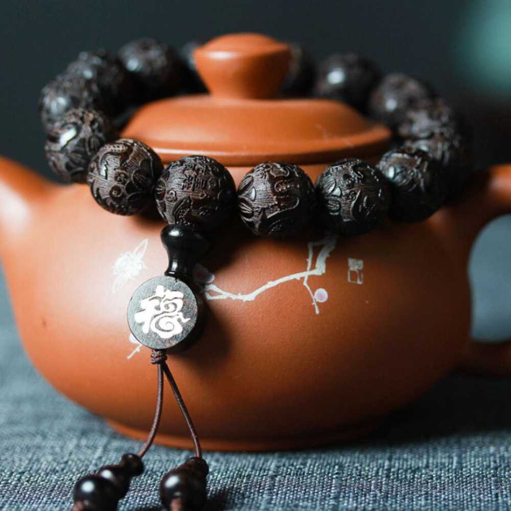 15MM Ebony Carved dragons phoenixes Cuff Mala  Lucky Bracelet Zen