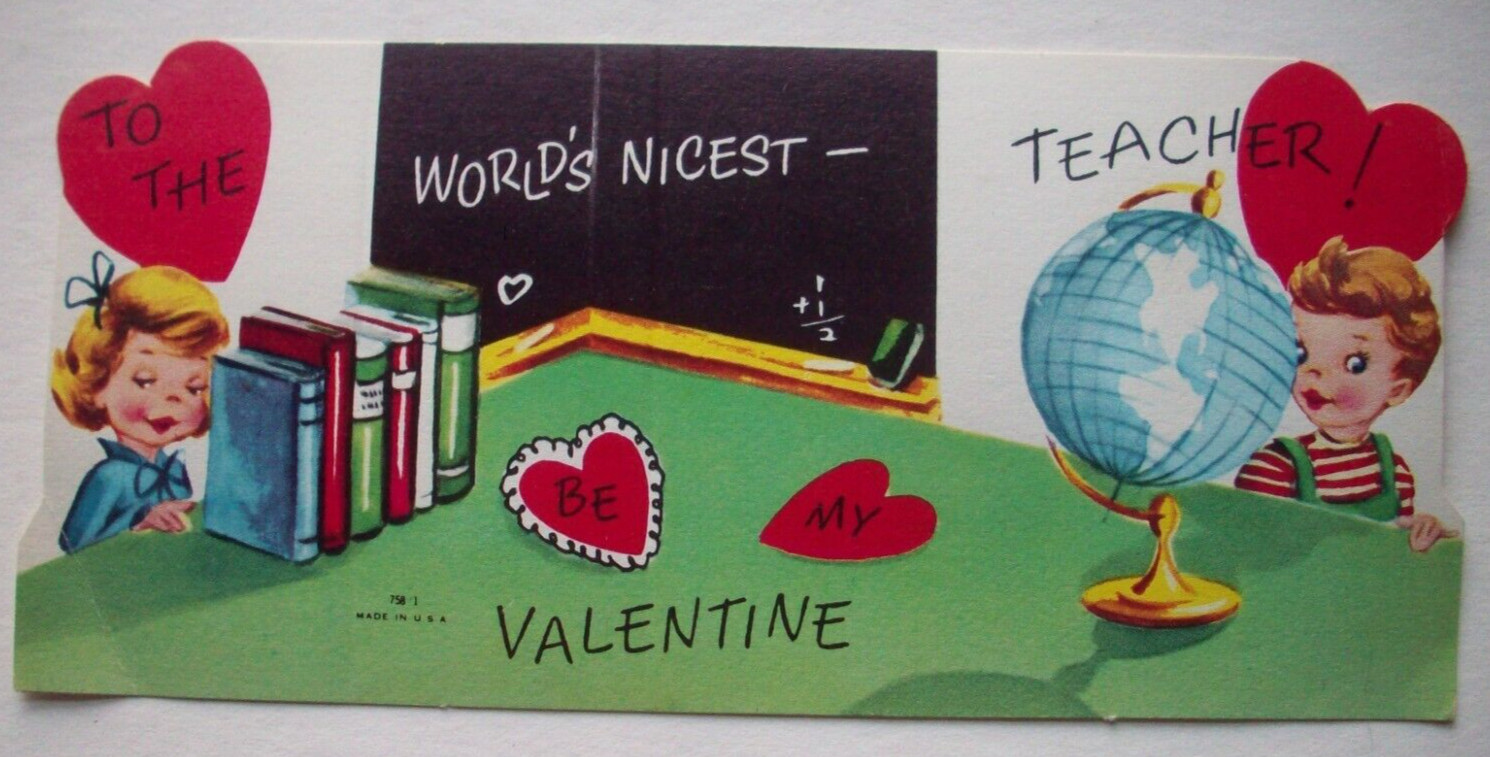 World\'s nicest teacher classroom globe books chalkboard vintage Valentine *RR18