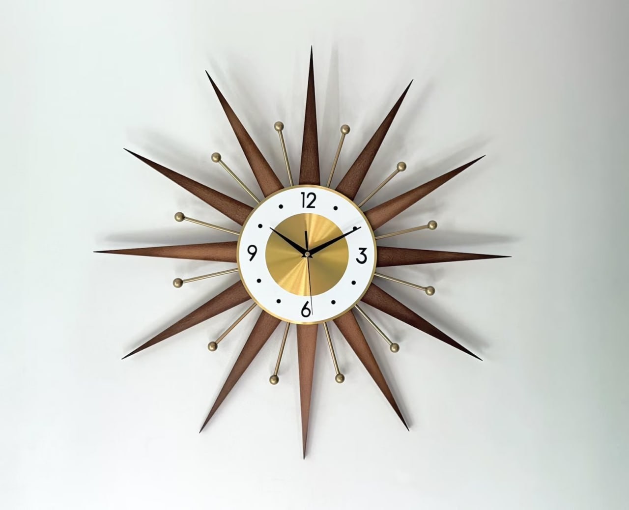 MCM Sunburst Wall Clock Mid Century Modern Walnut Gold Silent Retro Clock