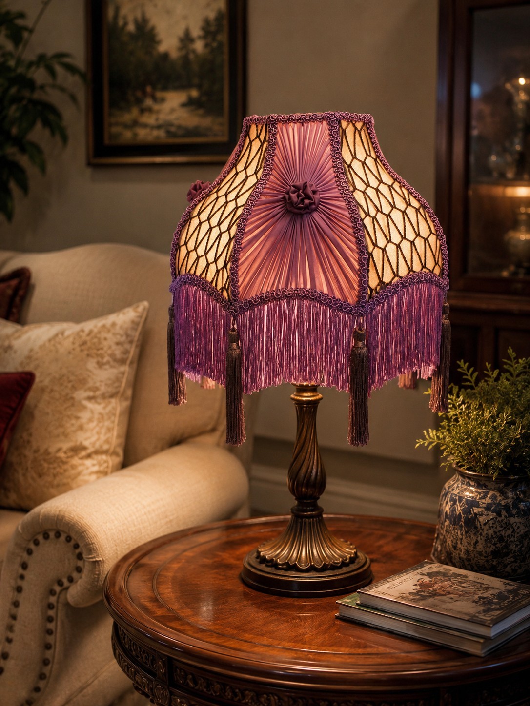 Handmade Victorian Fringe Lampshade – Elegant Vintage Fabric Design