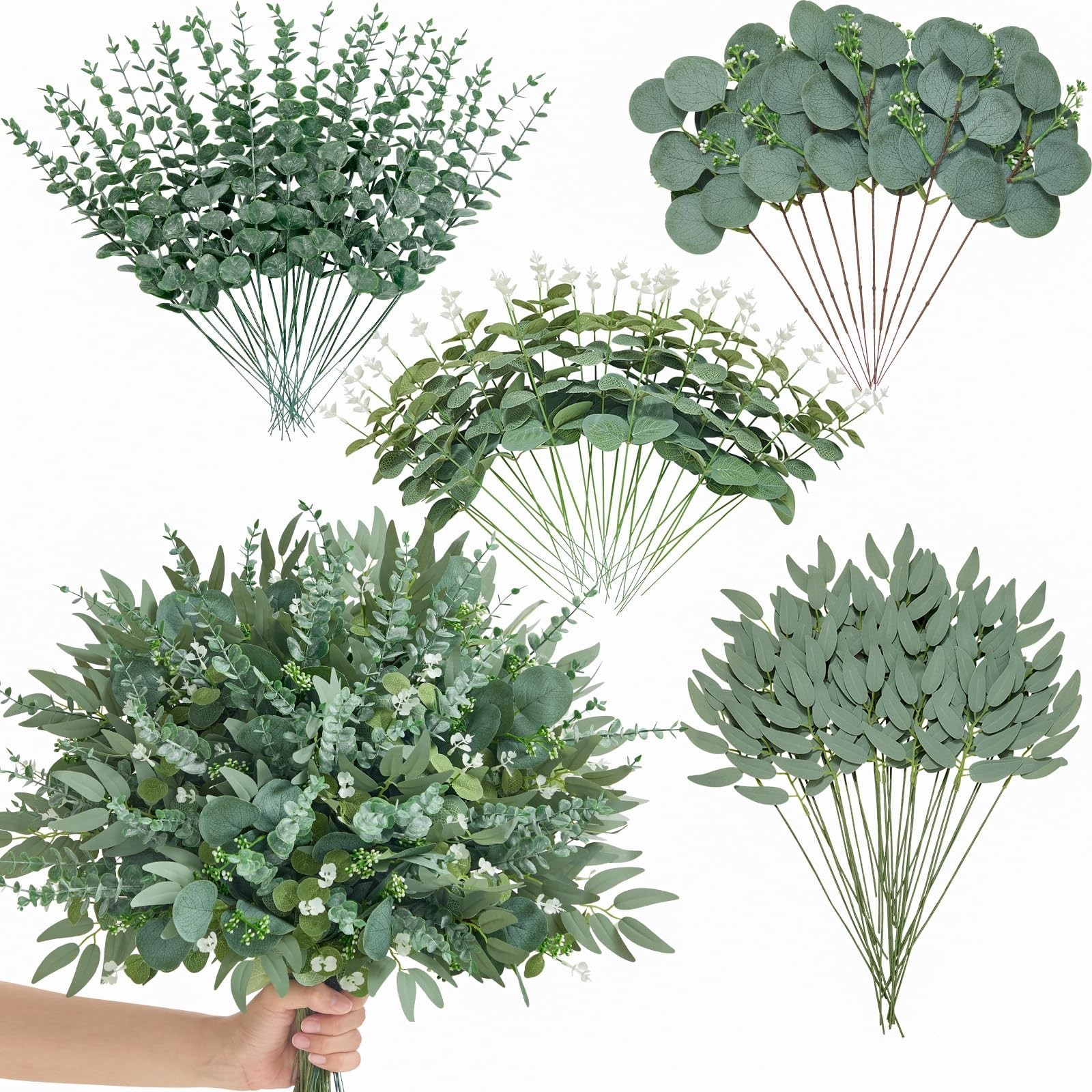 Alecono 100pcs 4 Kinds Artificial Eucalyptus Stems Bulk, Fake Plant... Fast Ship