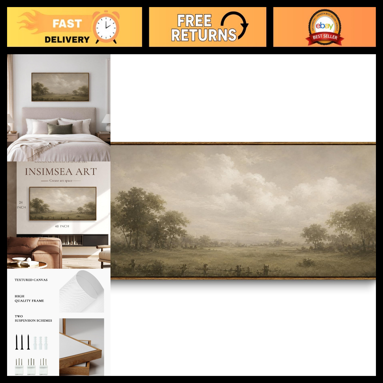 InSimSea Extra Large Framed Vintage Wall Art, Misty Meadow Prints, 24x48In