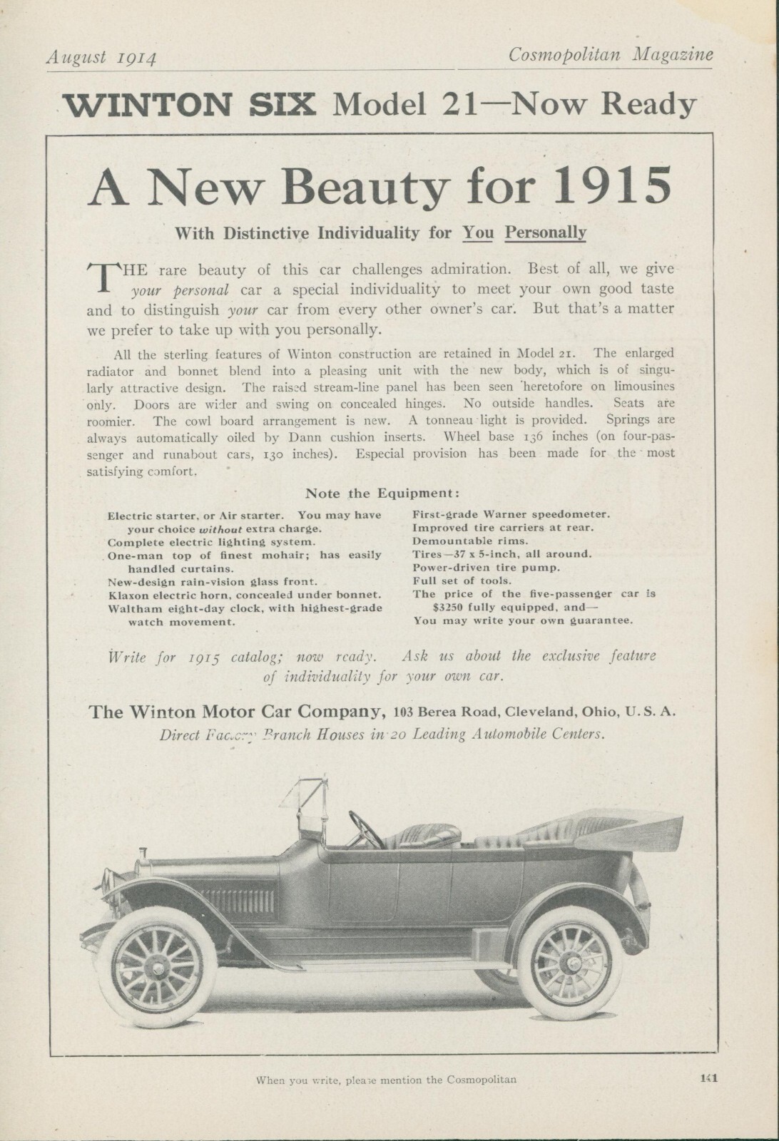 1914 Winton Six Model 21 Open Top Distinctive Individuality Beauty Ad CO8