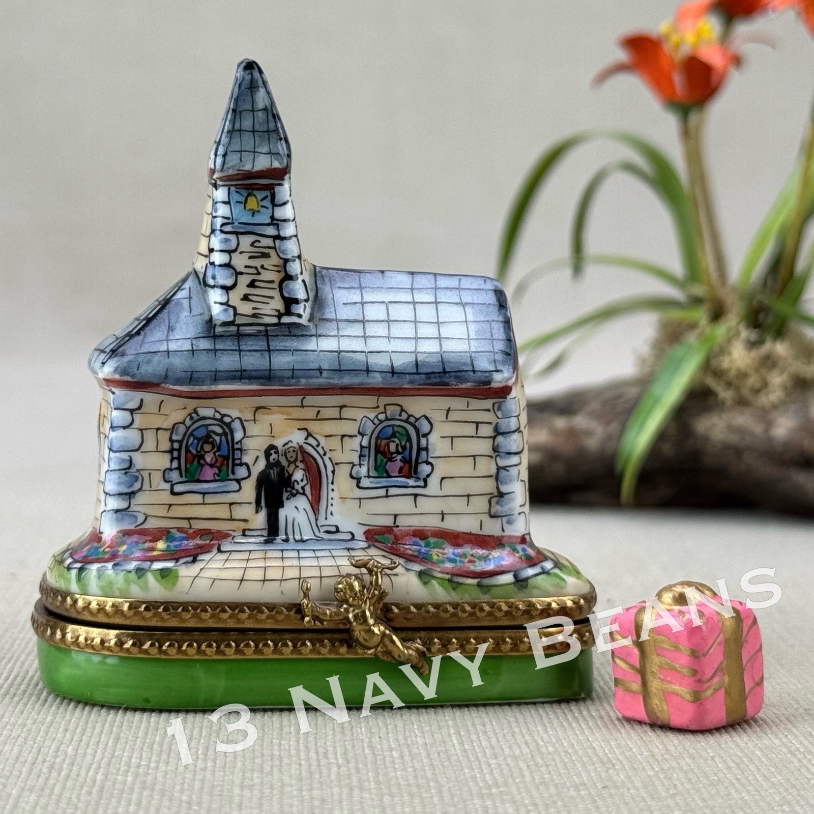 Limoges France Peint Main Hand Painted Wedding Chapel Bride & Groom w Present