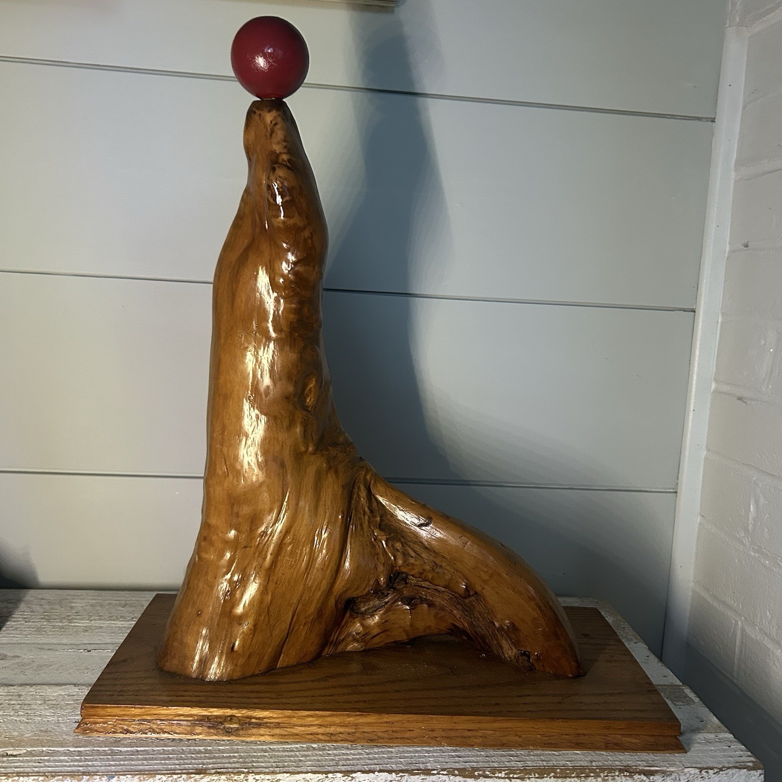 Vintage Drift Wood Folk Art Seal With Red Ball