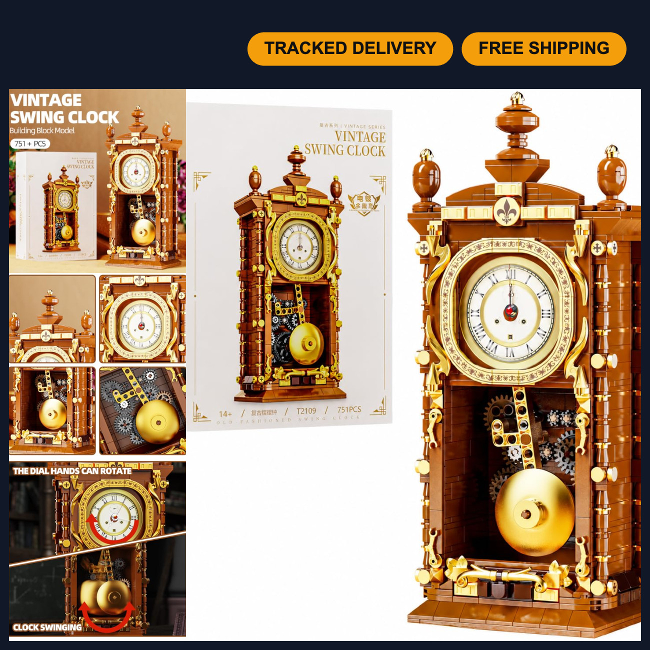 Vintage Mechanical Retro Pendulum Clock Building Block Set - DIY Model Kit