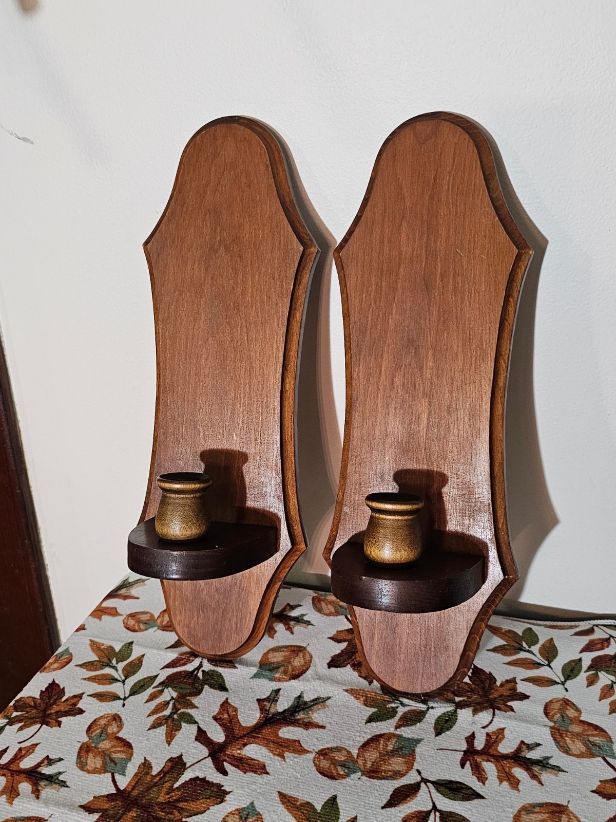 Pair of vintage 1970s wooden wall candle sconces walnut finish