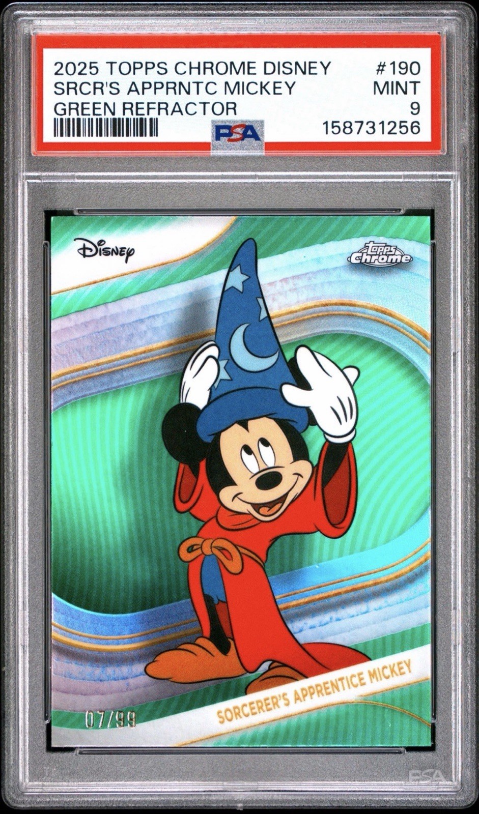 2025 TOPPS CHROME DISNEY GREEN REFRACTOR SORCERER'S APPRENTICE MICKEY 7/99 PSA 9