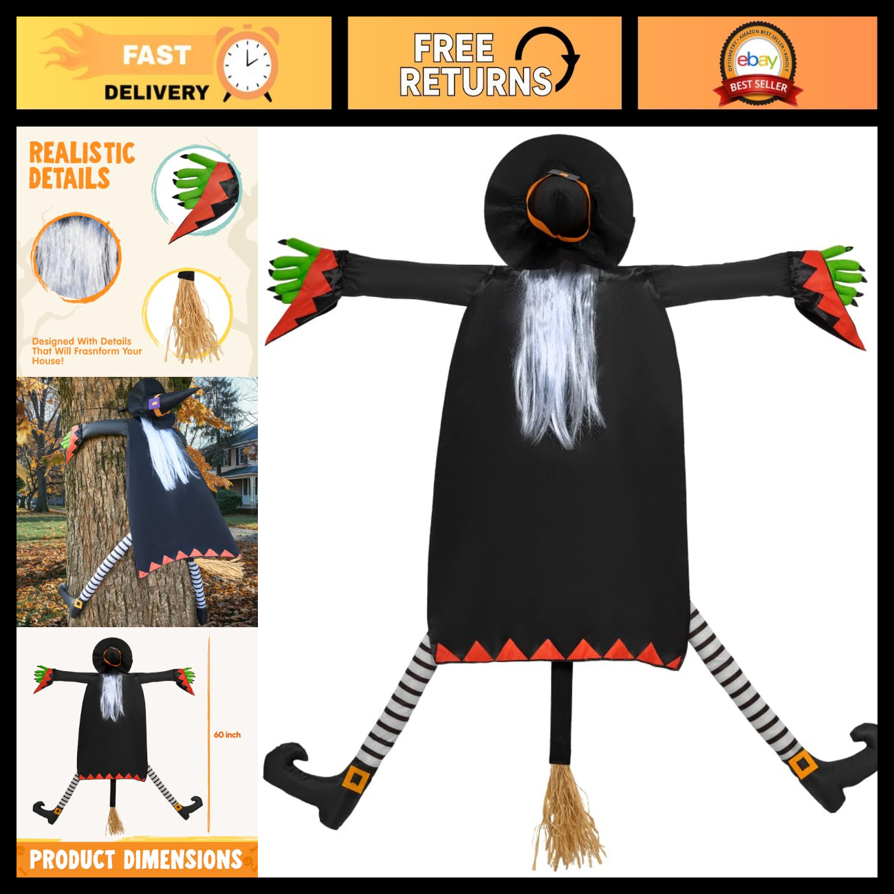 JOYIN 60\'\' Crashing Witch Decorations Outdoor With White Hair, Large Halloween W