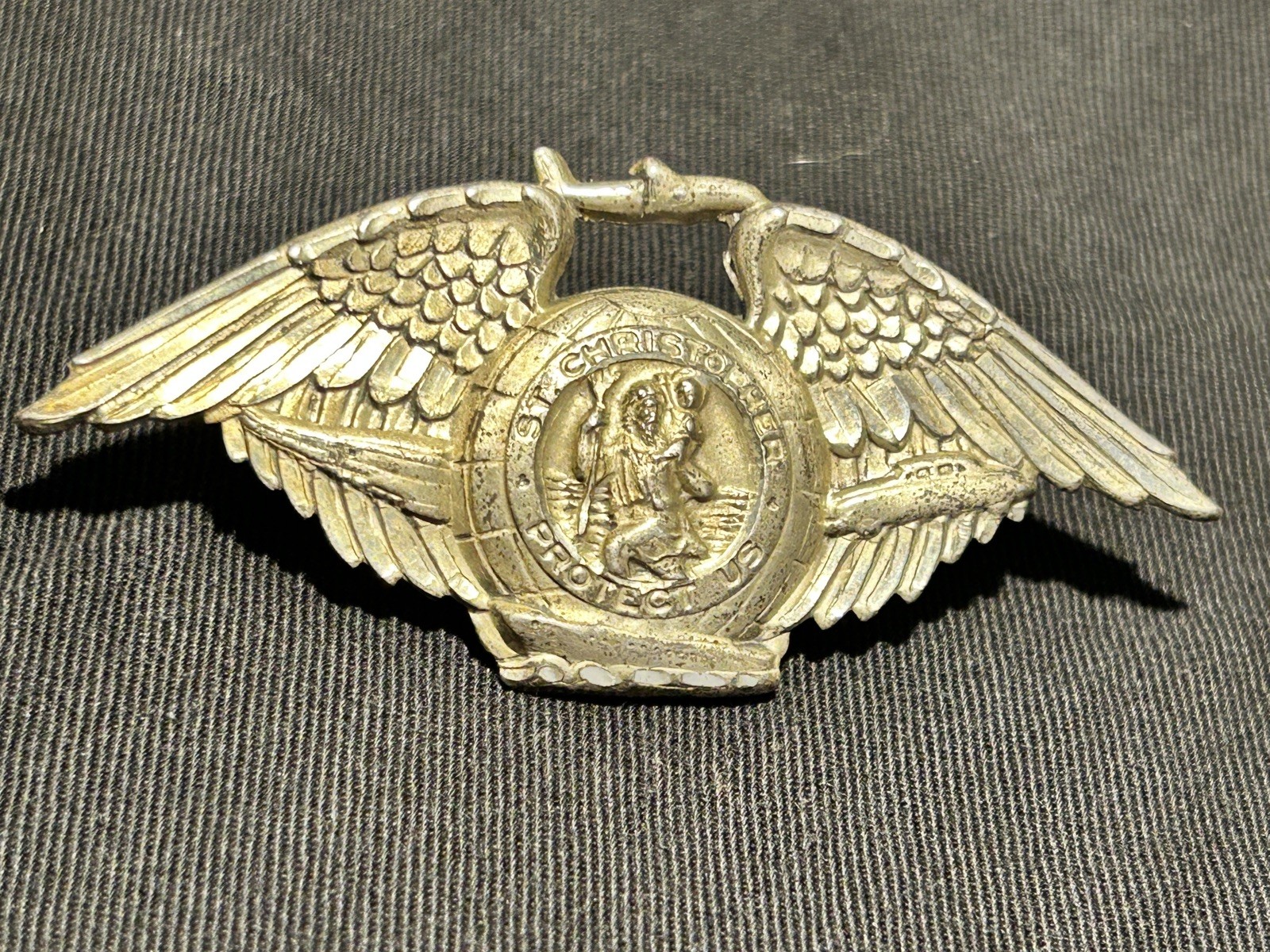 VTG WWII HAYWARD STERLING SILVER St Christopher Winged Pronged Badge Talisman