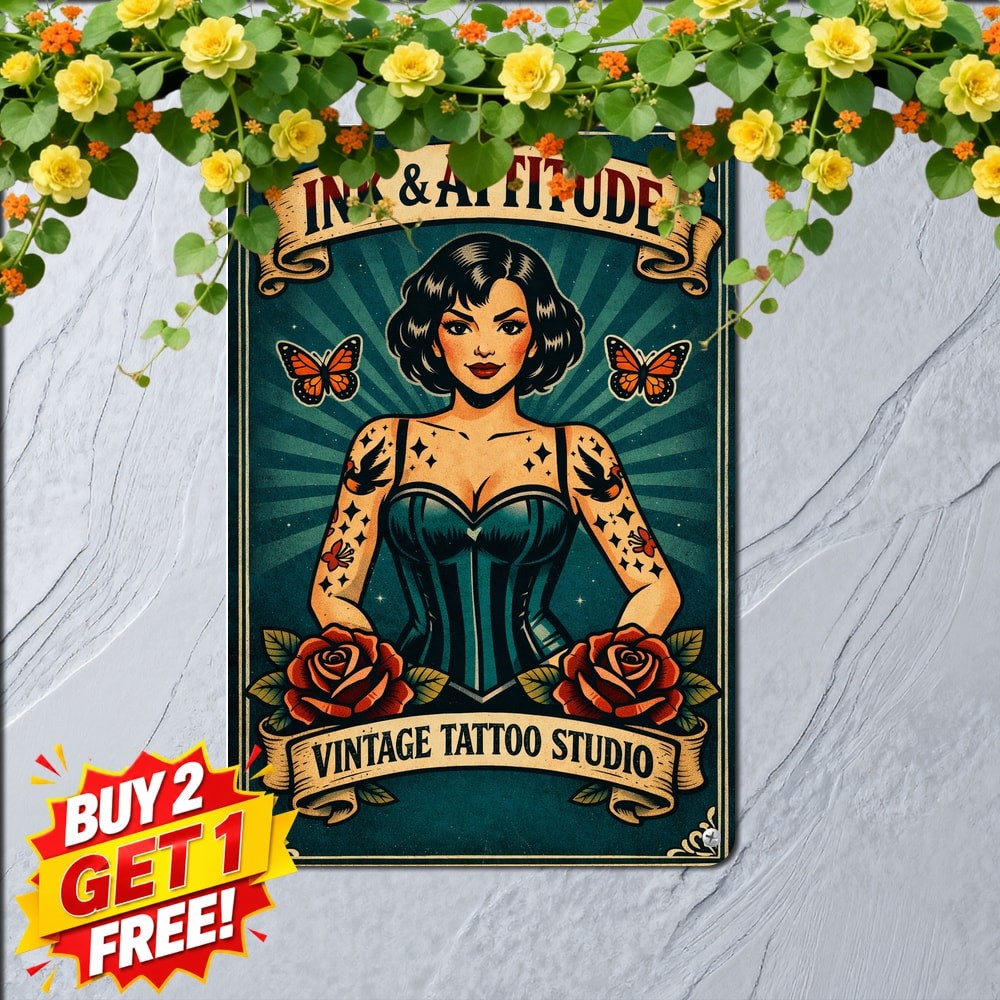 Retro Tattooed Pinup Girl Metal Sign Vintage Beauty Parlor Decor