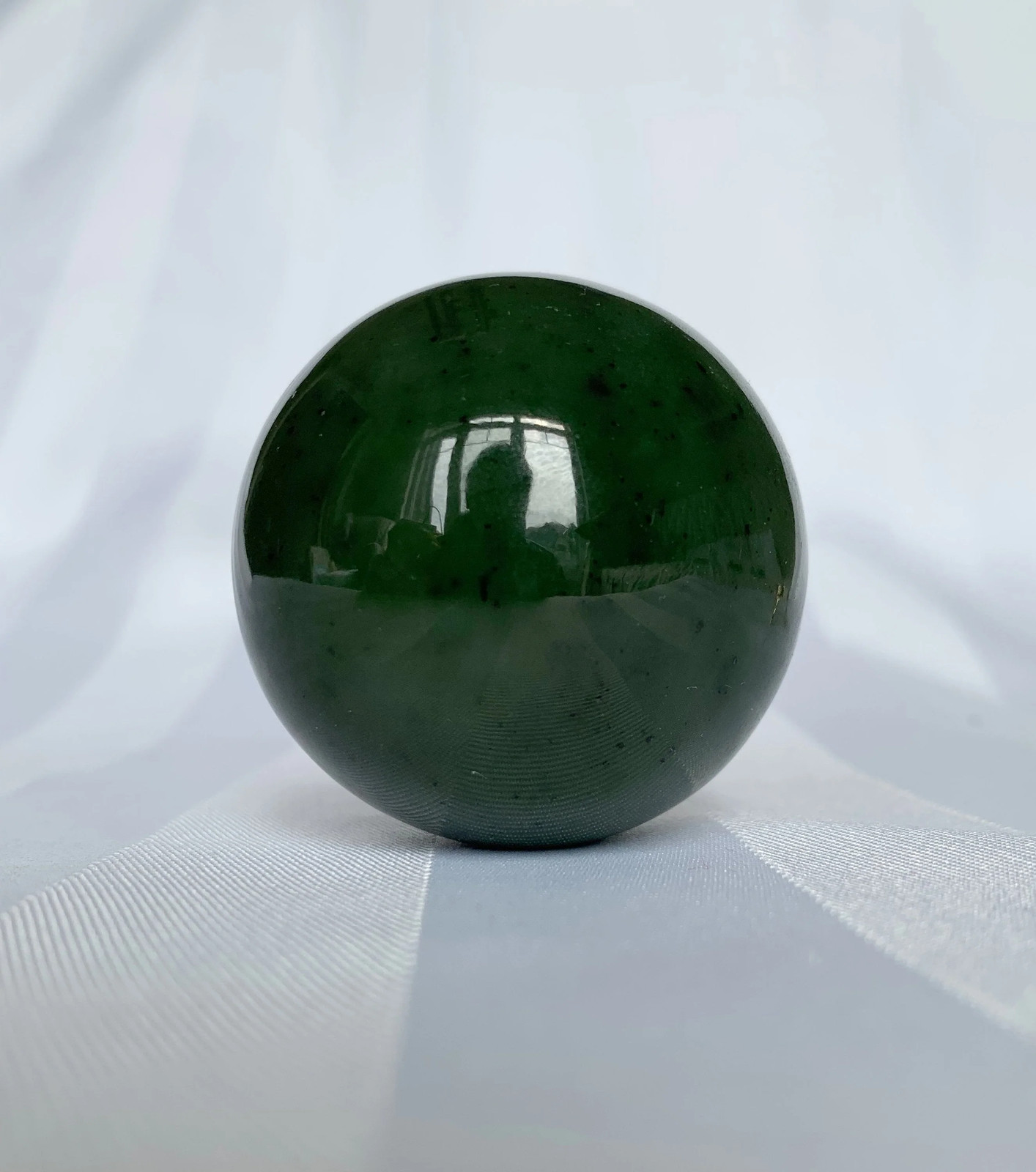 Canadian Nephrite Jade Sphere 50mm — BC Abundance Stone with Stand