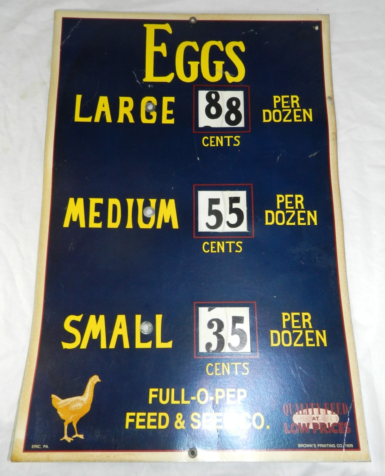 Vintage 1929 Cardboard Full-O-Pep Feed + Seed Advertising sign with Egg Prices