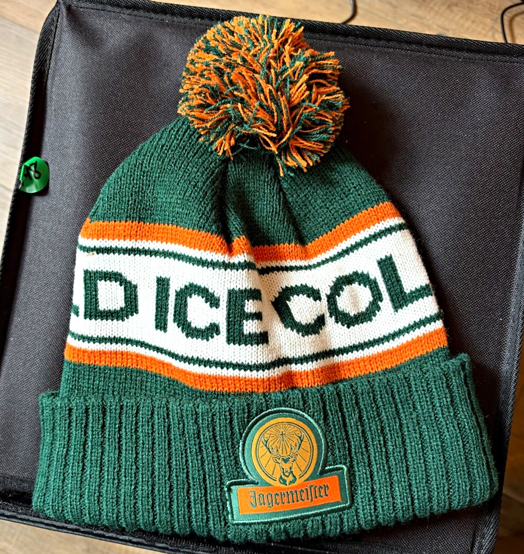 Jagermeister Knit Pom-Pom Beanie Hat Green Orange White Distillery Theme