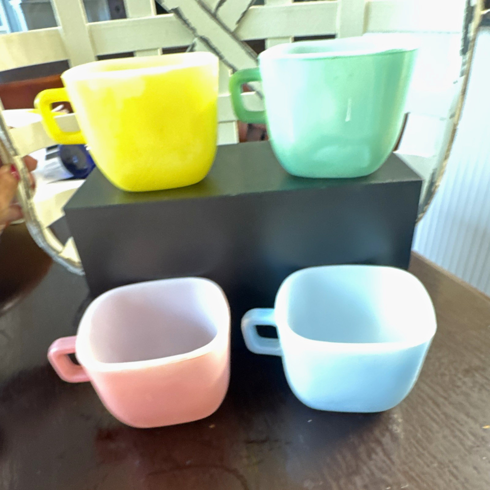 Glasbake Set of 4 Square Glass Mugs 12 oz Pastel Multicolor w/ Handle